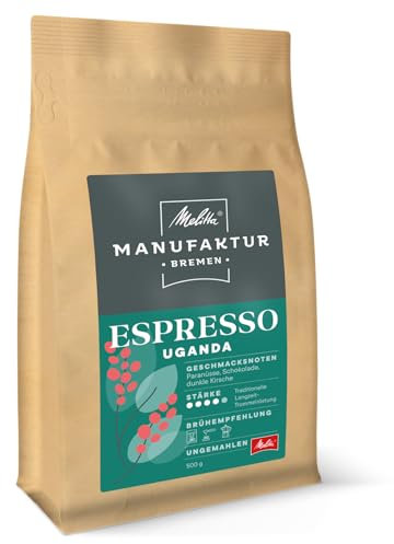 Melitta Manufaktur-Kaffee Espresso Spezialitäten-Kaffee, 500g, ganze Kaffee-Bohnen, ungemahlen, Single-Origin-Farm-Kaffee aus Uganda, geröstet in Deutschland, Stärke 4