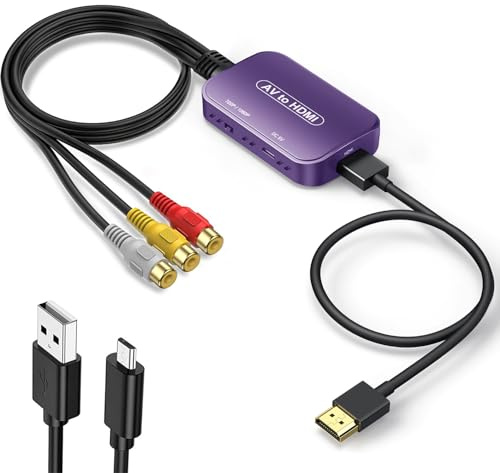 Viagkiki Convertidor RCA a HDMI, adaptador AV a HDMI, convertidor de audio compuesto RCA a HDMI para PS1, PS2, PS3, STB, Xbox, VHS, VCR, reproductores de DVD de rayos negros (cable HDMI incluido)
