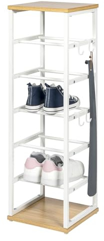 eluno offenes Schuhregal für 6 Paar Schuhe aus Metall mit 2 Holzablagen, inkl. 4 Haken, höhenverstellbare Füße, Schuhständer, Schuhablage, Schuhschrank, Schuhaufbewahrung, Schuh-Organizer (weiß)