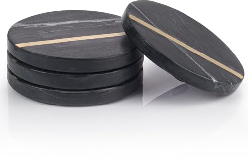 EHC Round Marble Coasters Set of 4 with Gold Inlay, Non-Slip for Drinks, Coffee Pads Beer Bar Mat, Black