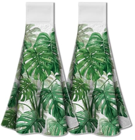 WADORN 2 Stück Küchenhandtuch zum Aufhängen Mit Monstera-Blättern, Hängende Handtücher Mit Palmenblättern Und Schlaufenhaken Für Küchenset Saugfähiges Handtuch Mit Blätterdesign, 34.5x31.5 cm