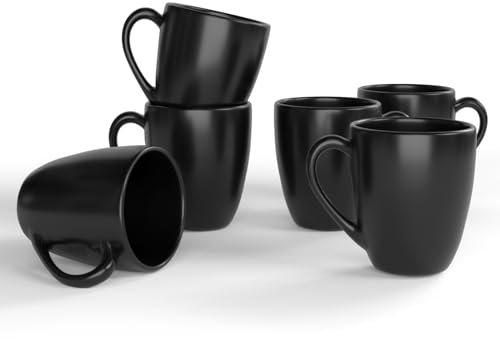 Serwrsw 473 ml svarta stengods muggar set med 6, stora keramiska kaffekoppar med handtag, porslinsmuggar för latte, mjölk, te och juice