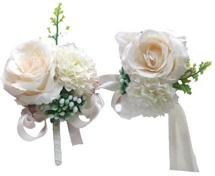 Yurosiay 2 Stück Handgelenk Blumen Boutonniere Set Hochzeit Ansteckblume Künstliche Rose Blumenarmband Corsage Handgefertigte Seidenblume Dekor für Braut Bräutigam Hochzeit Zubehör Beige
