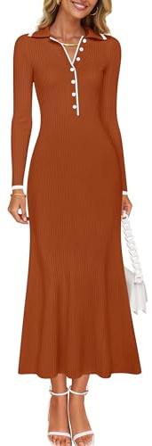 ZESICA Vestido de suéter de Manga Larga para Mujer, Cuello en V, de Punto Acanalado, Casual, Formal, para cóctel, Maxi Vestidos, Herrumbre, M
