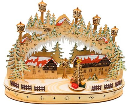 Arco a LED in legno, arco luminoso, arco a sospensione, arco per lampadario, arco per finestra con albero di Natale mobile, incluso alimentatore di rete e funzionamento a batteria, lunghezza 45 x 12 x