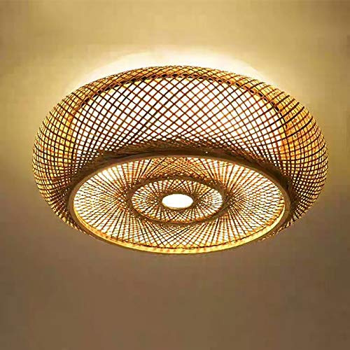 TONFEION Deckenlampe Vintage Deckenleuchte Rund Rattan Hängelampe Retro LED Holzlamp Bambus Handgewebte Natürlicher Decke Bambuslampen Handgewebte Warmes Lamp, E27 Höhenverstellbare, 50cm