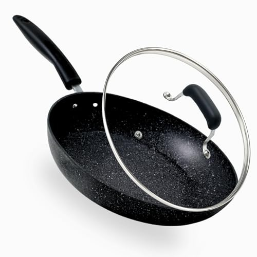 Non Stick Frying Pan with Lid 32cm | Easy to Clean & Healthy Cooking | Heat Resistant & Cool-Touch Handle | Durable Black Granite Marble Coated for All Hobs Induction, Gas & Electric (32cm Granite)