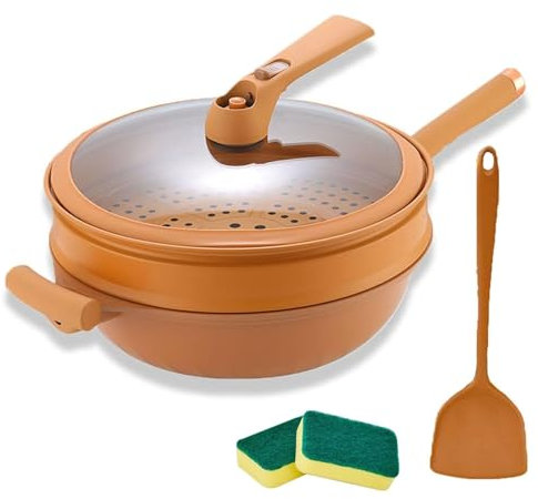 HQQXZQ Antihaftbeschichteter Ton-Wok mit Dampfkorb，multifunktionaler Keramik-Ton-Antihaft-Mikrodrucktopf， Tiefe Bratpfanne Für alle Herdarten，Pfanne mit Antihaftbeschichtung