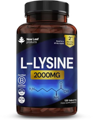 L-Lysine Tablets 2000mg - High Strength Lysine Nutritional Supplements - Essential Amino Acid L Lysine - 120 Vegan Lysine Tablets 2 Month Supply Made in The UK By New Leaf