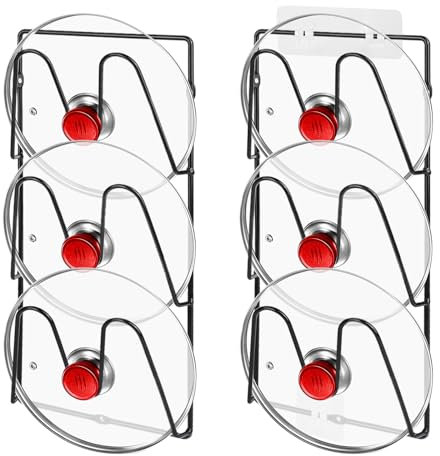 Trendecor 2 Pack Pot Lid Organizer Rack, 6-Tier V-Wall Pot Lid Holder No Drilling Adhesive Wall/Door Mounted Rustproof Mounted Pot Cover Rack for Cabinet Door Kitchen Storage