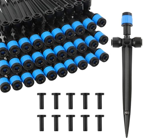 Kalolary 30 Pcs Drip Irrigation Emitters with Stake, Push-to-Fit Adjustable Irrigation Dripper for 1/4 inch Irrigation Tubing, Irrigation Dripper Sprinkler for Drip Irrigation System (Vortex, Blue)