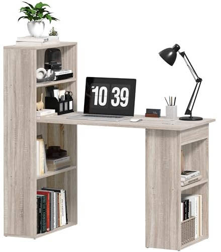 HOMCOM 120cm Computer Desk, Wooden PC Laptop Table with 6-Tier Storage Bookshelves, Home Office Working Study Desk, Writing Workstation, Grey