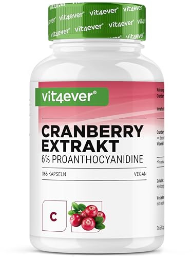 Estratto di mirtillo rosso + Vitamina C – 365 capsule di mirtillo rosso – Estratto 25:1, pari a 25.000 mg – 6% Proantocianidine – Ad alto dosaggio, senza additivi indesiderati, vegano
