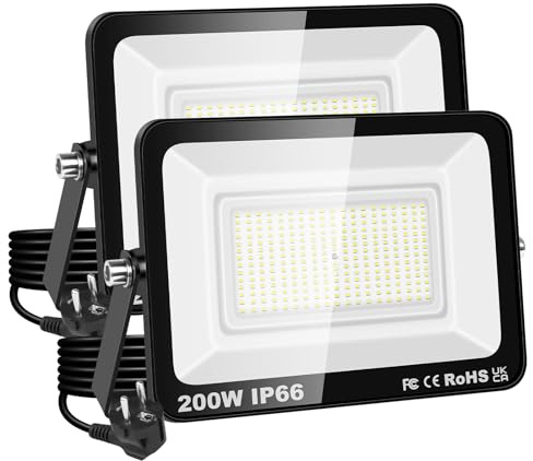 PICAA Lampada da Esterno LED 200W IP66 20000lm, Luce da Parete Sicurezza 6500K Bianco Freddo, per Giardino Cortile Garage Patio Magazzino con Spina UE (2 pz)
