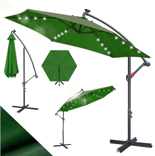 Hebitod Sonnenschirm Ø300/350 cm mit Kurbel| Ampelschirm mit/ohne LED Solar | Gartenschirm mit Ständer Sonnenschutz UV-Schutz | Kurbelschirm Marktschirm wasserdicht für Garten