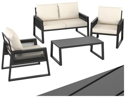 tectake® Set Salottino da Giardino, Telaio in Alluminio, Divano, 2 Comode Poltrone, Cuscini Spessi, Tavolo da Giardino, Regolabile, Set Salotto da Esterno – Stile 1, 4 Posti + Tavolo