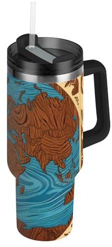 EtherSpher Tazza da caffè con mappa del mondo antica, riutilizzabile, in acciaio inox, con coperchio a prova di perdite e cannuccia, grande, decorativa, per acqua, tè freddo o Coffeaza termico para