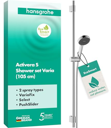 hansgrohe Activera Select S - Duschset mit Duschkopf wassersparend (EcoSmart, 2 Strahlarten), Duschschlauch (1,60 m) und Duschstange (105 cm) mit variablem Bohrlochabstand, Chrom, 28050000