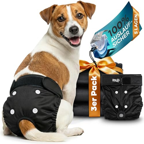 PETS PERFECT HUNDEWINDELN FÜR HÜNDINNEN – Waschbare Läufigkeitshose Hündinnen mit 5-lagigem Auslaufschutz – Verstellbare Hundewindel mit Klettverschluss, auch für Rüden geeignet – 3er Pack