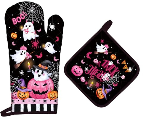 Arquiel Zucca Rosa Halloween Boo Guanti Da Forno Presina Set Di 2, Cotone Addensare Guanti Da Forno A Microonde, Presine Da Cucina Morbida Resistenti Al Calore Per Arrostire, Cuocere Decorativo Regalo