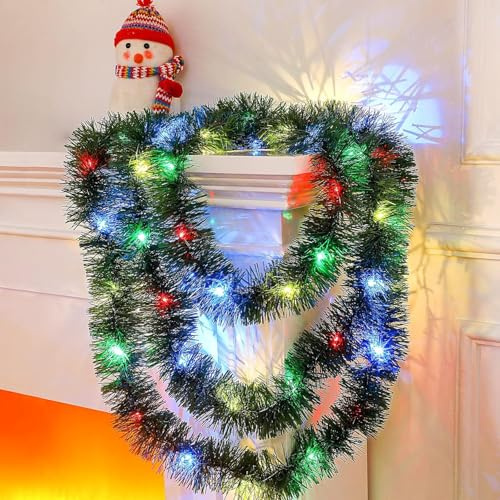 Weihnachtsgirlande mit Beleuchtung 5m Girlande Weihnachten Beleuchte Weihnachtsbaum Lametta Girlande mit LED Lichtergirlande Christmas Garland with Lights für Innen & Außen