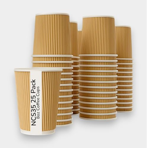 NCS35 Coffee Paper Cups Brown Insulated 8oz Pack of 25 Disposable Hot Drink Cups *NO LIDS* Takeaway Tea Travel Glass for Drinks Ideal for BBQ, Picnics, Parties, Birthdays, and Weddings Outdoor Indoor