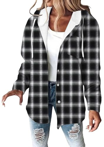 Chanpning Veste Chemise Polaire Femme Veste Avec Capuche Chemise Manches Longues Chaud Surchemise À Boutons Blouse Bûcheron Carreaux Manteau Hiver Surdimensionnée Casual Chic Chemisier