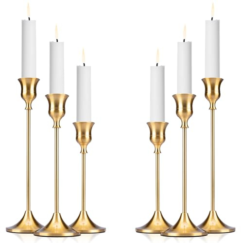 6 Pcs Metal Taper Candle Holders, Brass Gold Candlestick Holders, Vintage Candlesticks for Pillar Candles, Tall Decorative Candelabra for Wedding Mantel Fireplace Dining Table Decor, Housewarming Gift