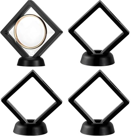 SHILIUZHI 4 Pcs 3D Floating Display Frames, with Round Base, Coin Floating Stand, Jewelry Storage Box, for Earrings, Rings, Brooch, Medal, Coins (Black, 9×9cm)