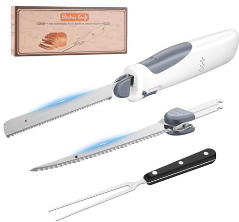 PAHTTO Couteau électrique, Couteau de cuisine sans fil avec 2 lames en acier inoxydable et fourchette, Couteau à fileter 8 V avec verrouillage de sécurité, pour la viande, le poisson, le pain, etc.