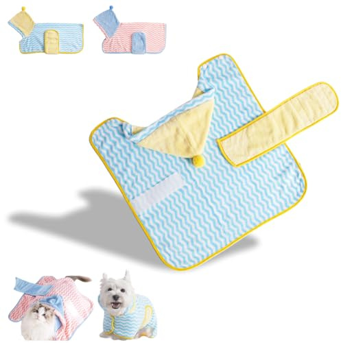 Jatmira Cute Dog Bathrobe Fast Drying Plush Dog Towel Absorbent with Hook and Loop Closure Wrap Tie Snuggle for Small to Large Breeds (Blue, XS (1-9 lbs))
