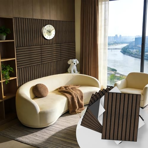 WADILE Panneaux Muraux à Lattes Bois Autocollants 30×40 cm – Panneaux Acoustiques Décoratifs en PVC Insonorisés pour Salon et Chambre, Mur d’Accent – Lot de 16