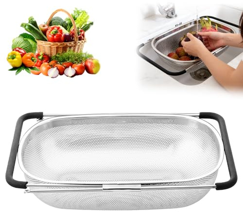 Waschbecken Sieb aus Edelstahl, Küchensieb 27.5-47.5 cm Ausziehbar Stahl Spülbecken Sieb mit Feinsiebkorb und Gummigriff Siebs für Spüle zum Abseihen Abtropfen Waschen von Obst Gemüse