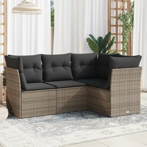 Ordellia 4-TLG. Garten-Sofagarnitur, Grau Poly Rattan Loungeset mit Stauraum, UV-beständig, 179x124x69 cm, für Terrasse und Balkon, inklusive Kissen