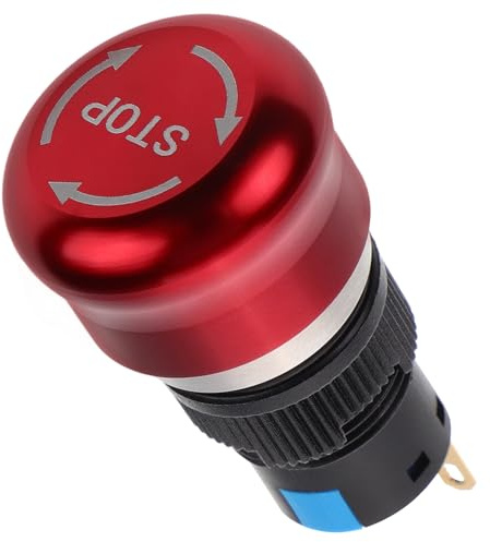 HINTRMENT Botón de Parada de Emergencia Metálico de 16mm, Interruptor Pulsador Cabeza Seta, 1na 1nc, Repuesto para Control Industrial y Seguridad en Maquinaria