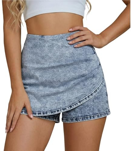 Gonna di jeans corta da donna, in jeans, gonna con pantaloni a vita alta, asimmetrica, culotte a linee A, gonna in jeans, per ragazze, Y2K, minigonna, in denim elasticizzato, per l'estate, O azzurro