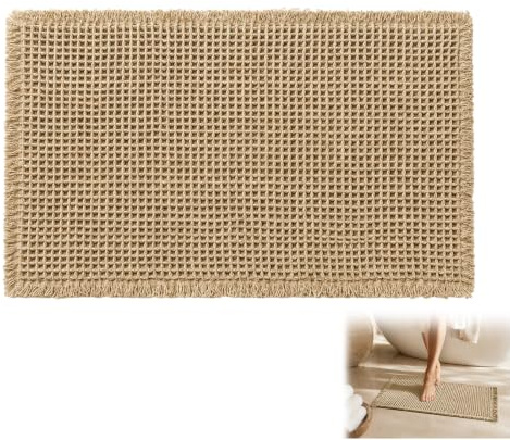 Cotabacuco Tapis de Bain antidérapant Lavable, Coton Absorbant à Structure gaufrée avec Franges, pour Douche, Baignoire et lavabo, séchage Rapide, Beige