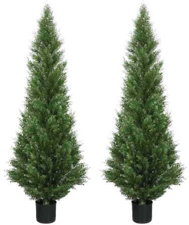 Two 5 Foot Outdoor Artificial Cedar Topiary Trees Potted Plants Two Peace Construction