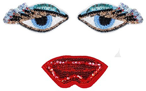 1 Set aus 3 Stück Perlenpailletten, zwei Augen und ein Mund, als Motiv, Abzeichen, Applikation für Kleidung, zur Dekoration, zum Basteln und Nähen