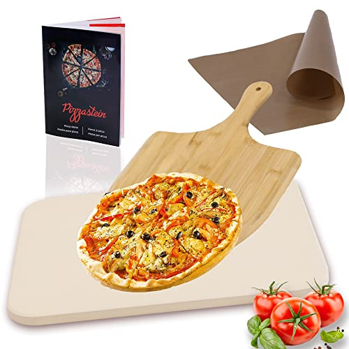 Melko Pizzastein 4-teilig Cordierit für Backofen Gasgrill mit Pizzaschieber | hitzebeständig bis 800 °C, 30x38 cm, inkl. Dauerbackfolie und Kochbuch, auch für Brot und Flammkuchen, knuspriger Boden