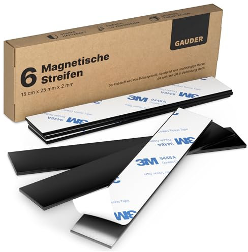 GAUDER Strisce magnetiche autoadesive - Potenti strisce magnetiche adesive per fissare oggetti metallici - Nastro magnetico pretagliato con retro adesivo (6 pezzi - 15 cm x 25 mm x 2 mm)