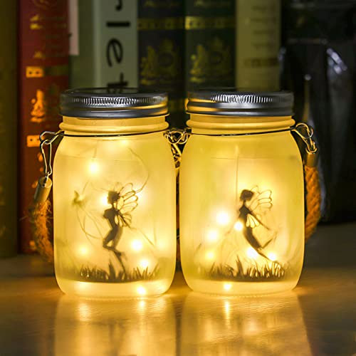 2 Pack Solar Fairy Lanterns Outdoor,Frosted Glass Mason Jar Lamp Waterproof Hanging Fairy Lanterns for Garden Table Lamp Indoor,Christmas Gifts for Kids Women