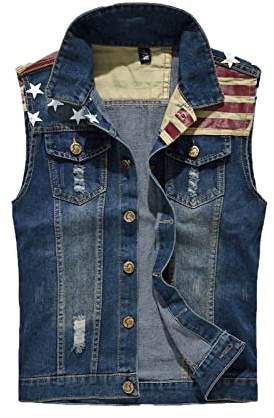Gilet en Jean déchiré pour Homme Gilet de Cow-Boy sans Manches pour garçon rétro Mode Vintage Biker Punk Veste en Jean USA Drapeau Imprimé Gilet