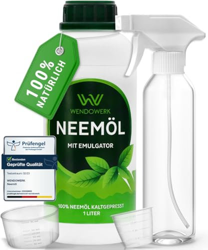 WENDOWERK® Neemöl [1000ml] - Inkl. Sprühflasche und Messbecher - Neemöl mit Emulgator zur direkten Anwendung - Niemöl zur natürlichen Pflanzenpflege für Indoor und Outdoor