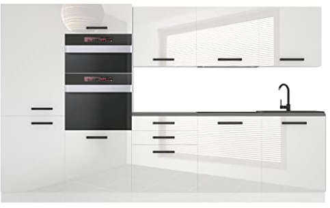 Belini Küchenzeile 300 cm Grace, ohne Arbeitsplatten, Weiß Hochglanz