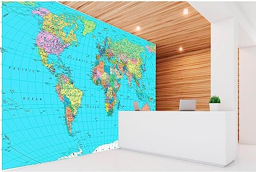 Oedim Photo Wall Vinyl Political World Map Blue Background | Premium Vinyl | Decorative Vinyl Photo Mural | 400 x 300 cm | Dining Rooms, Living Rooms, Bedrooms