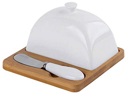 Butter Dish Ceramic Butter Keeper, White Ceramic Butter Dish with Cutter Knife, Saucer with Porcelain Lid, Butter Holder Plate with Cover Butter Container