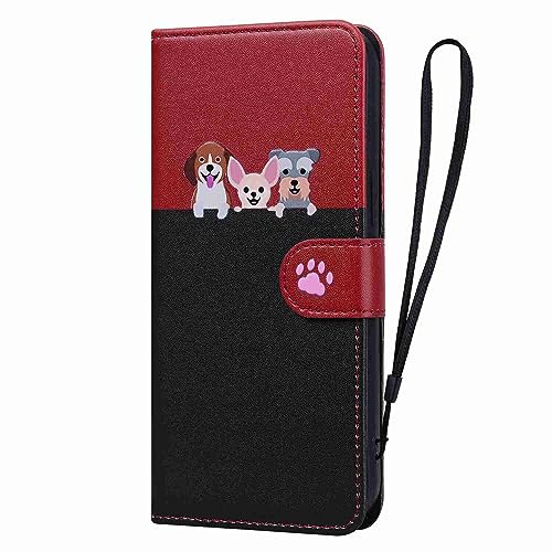 Google Pixel 6a Hülle, Flip Wallet PU Leder Niedliche Tier Hülle für Frauen Mädchen mit [Ständer] [Magnetverschluss] [Kartenhalter] [2 Farben Spleißen] Cover für Google Pixel 6a, Rot & Schwarz
