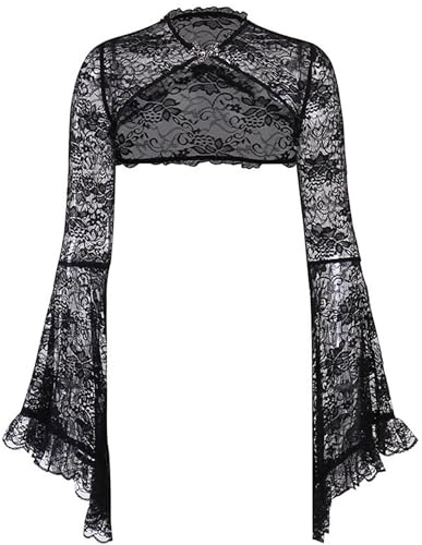 SEAUR Coprispalle Gotico Donna in Pizzo a Maniche Lunghe Svasate Bolero Corto Nero Elegante Vintage in Rete Trasparente Cardigan Crop Top L