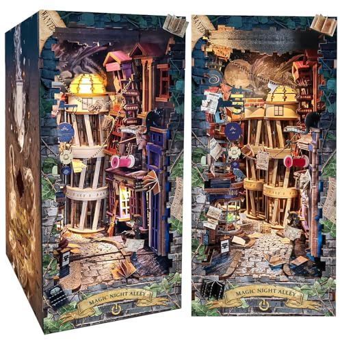Spilay DIY Book Nook Kit, Miniatur Haus Möbel Kit Mit LED-Licht, 3D Holzpuzzle Buchstütze Dekoration for Christmas Valentine's Day Gift (Magic Night Alley) SQ16